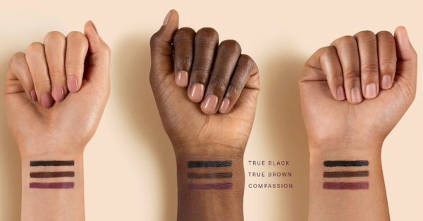 Three arms showing Rare Beauty gel eyeliner color swatches