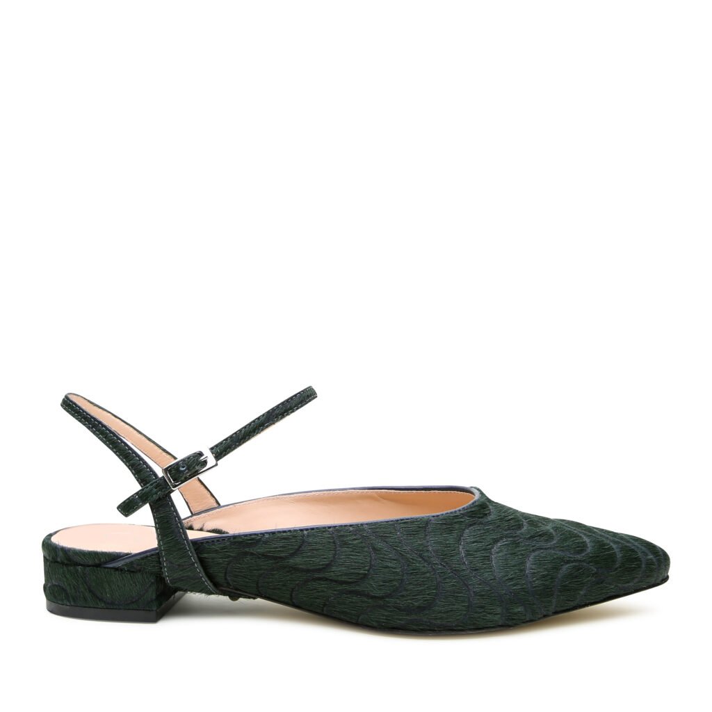 Sustainable shoe line Alterre point slide in Groovy Green with Amal strap