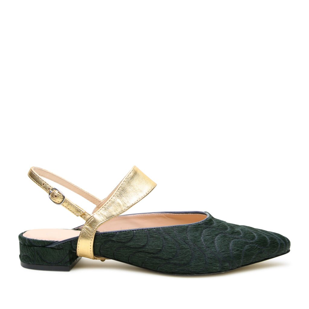 Sustainable shoe line Alterre point slide in Groovy Green with Elsie gold strap